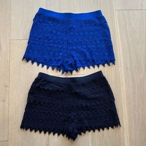 Two pairs Express lace shorts - one navy, one bright blue